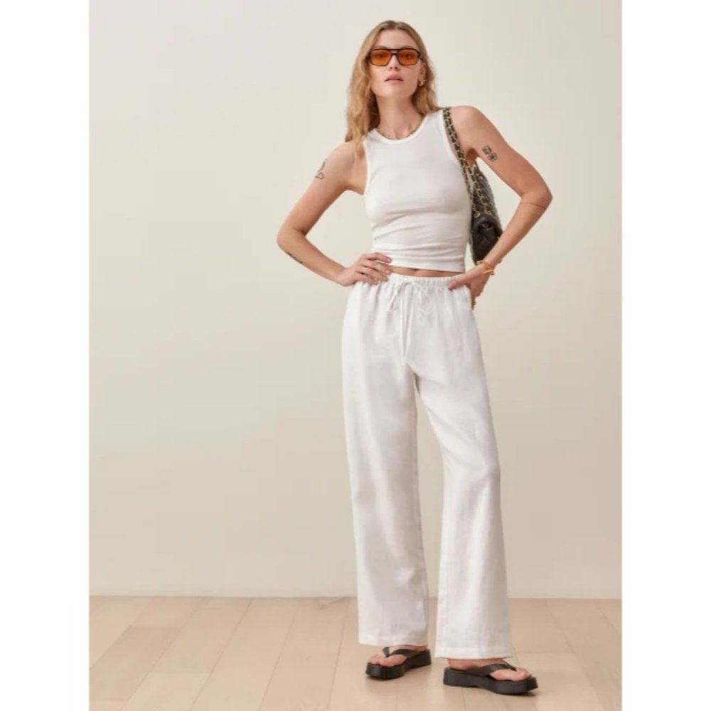 Reformation Olina White Straight-Leg Linen Pants